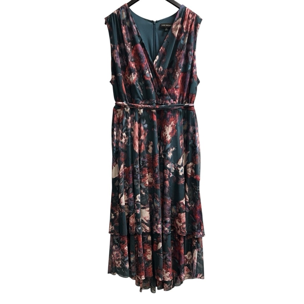 Lane Bryant Dress Green Floral Maxi Mesh Layered Tiered Asymmetrical Size 24W